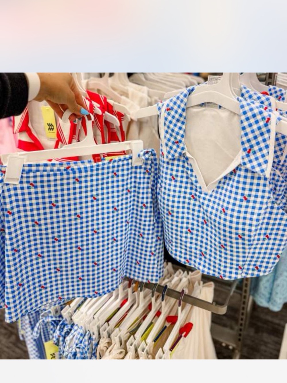 all in motion Blue Gingham Mini Skirt with Red Cherry Detail